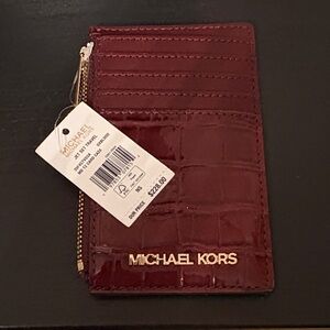Michael Kors Deep Red Croc-Embossed Card Holder with Gold Logo
